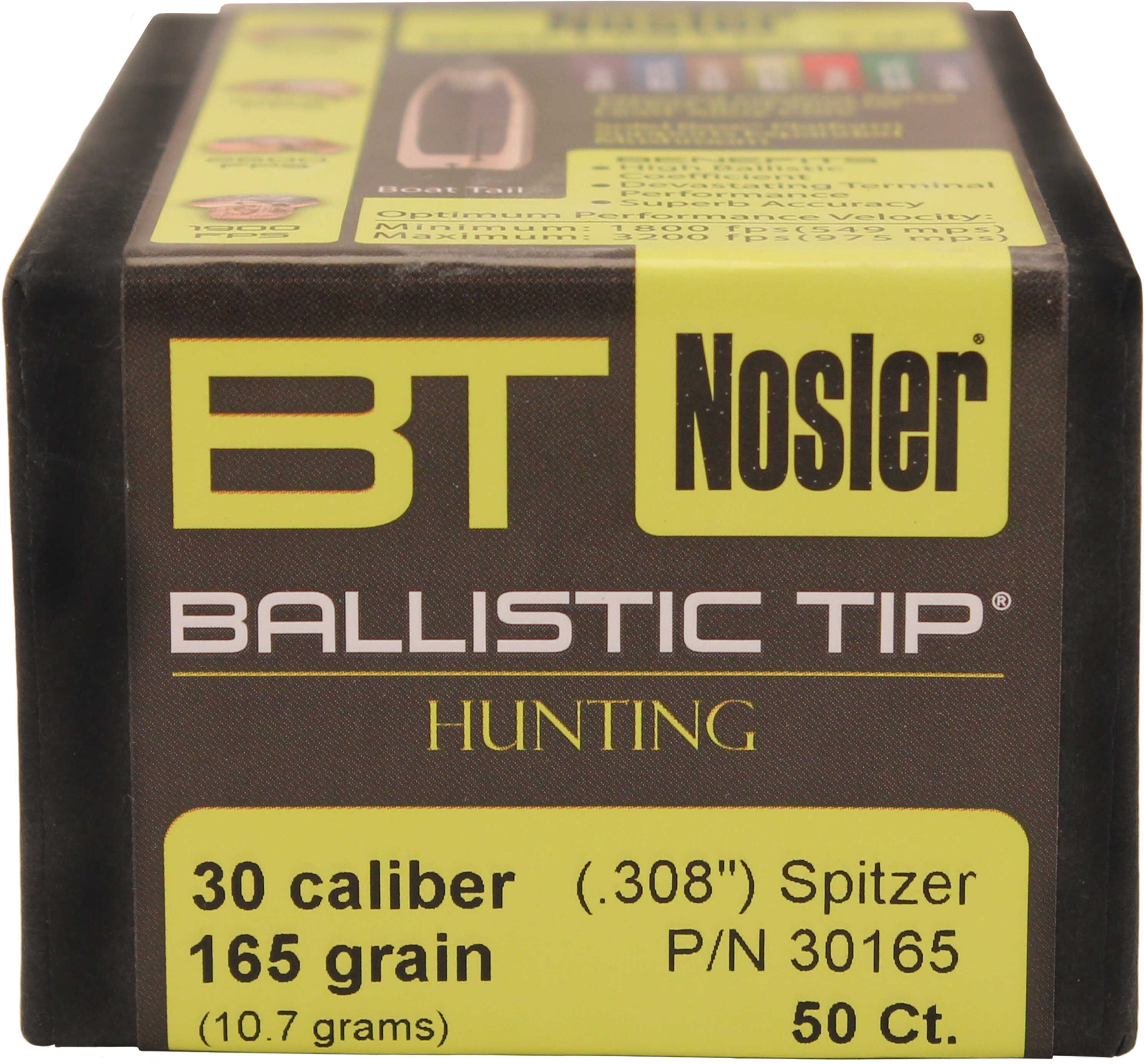 Nosler 30 Caliber .308 Diameter 165 Grain Spitzer Ballistic Tip Hunting 50 Count
