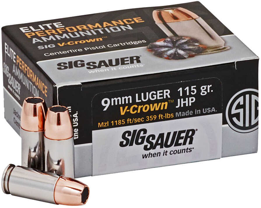 Sig Sauer Elite V Crown Handgun Ammunition 9mm Luger 115 Gr JHP 1185 Fps 50/ct