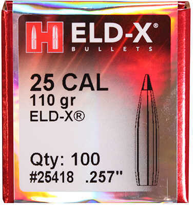 Hornady 25 Caliber Bullets ELD-X, (.27 Diameter), 110 Grains, Boat Tail, Per 100 Md: 25418