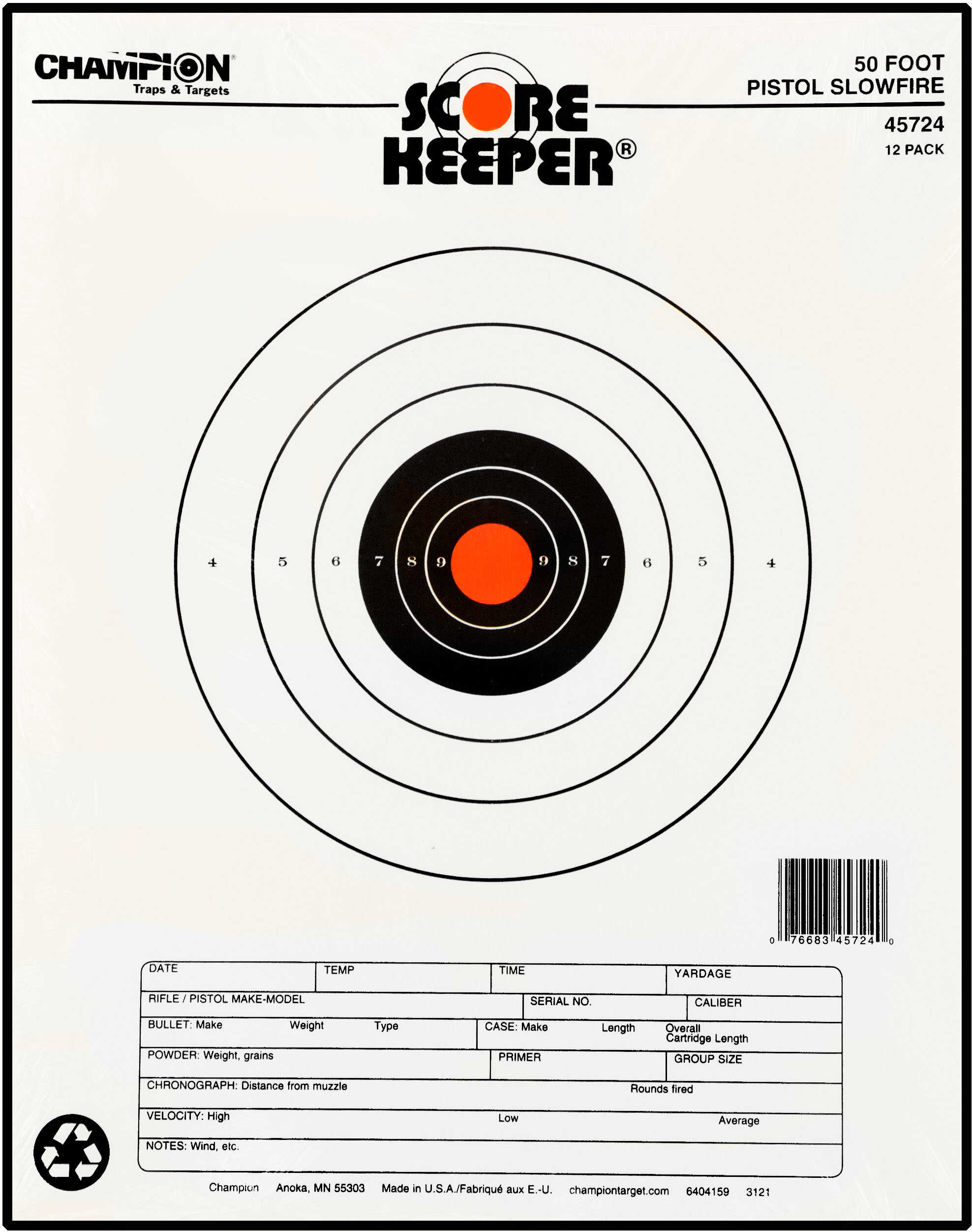 Champion Scorekeeper Targets Fluorescent Orange Bull - 50 ft. Pistol Slow Fire 12/Pack