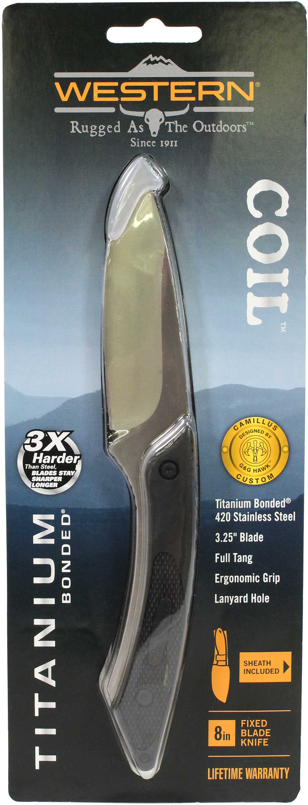 Camillius Western Coil Fixed Blade Knife Plain Edge Black Rubber Handle Satin Finish Silver Blade Drop Point 3.25" Blade