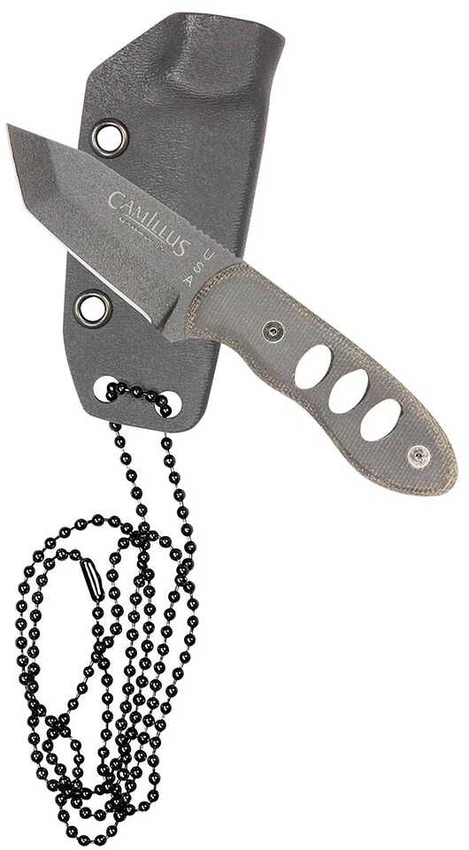 Camillius Choker Fixed Blade Knife Plain Edge Gray Micarta Handle Matte Finish Black 2.5" Blade Length 5.5" Overall Leng