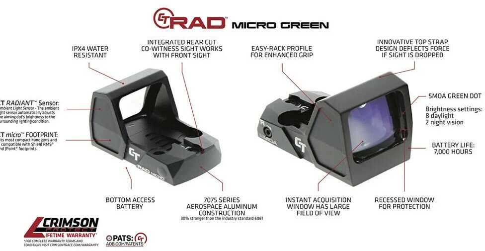Crimson Trace CT-RAD Micro Pro Red Dot Sight Pistol Compact Open Green Model: 01-3000038