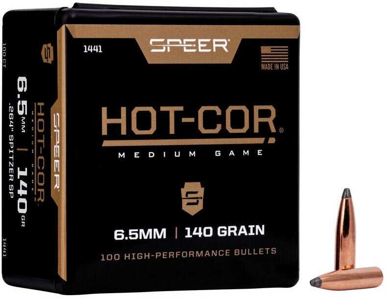 Speer 6.5mm 264 Diameter 140 Grain Hot Cor Spitzer Soft Point 100 Count