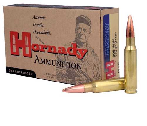 Hornady 308 Winchester 178 Grain Hollow Point Boat Tail Match Ammo 20 Rounds