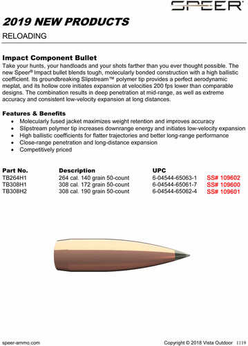 Speer Bullets TB308H1 Impact 30 Caliber .308 172 Gr Slipstream Polymer Tip 50 Box