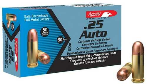 Aguila Handgun Ammuntion .25 Auto 50 Gr FMJ 755 Fps 50/ct
