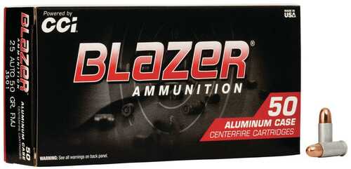 CCI Blazer Aluminum Handgun Ammunition .25 ACP 50 Gr TMJ 755 Fps 50/Box