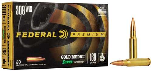 Federal Premium Gold Medal Sierra Matchking Rifle Ammunition .308 Win 168 Gr BTHP 2650 Fps - 20/Box