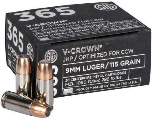 Sig 365 Elite V-Crown Handgun Ammunition 9mm Luger 115 Gr JHP 1050 Fps 20/ct
