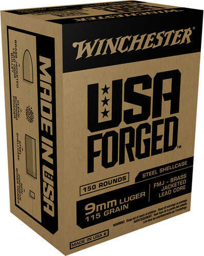 Winchester USA Forged Pistol Ammo 9mm 115 gr. FMJ Brass Jacketed Lead Core 150 rd. Model: WIN9S