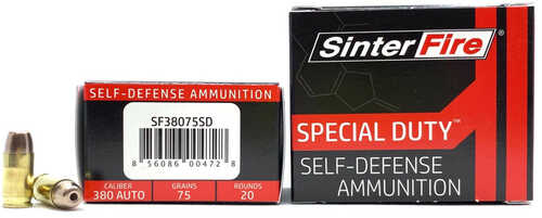 Sinterfire Special Duty Pistol Ammo 380 ACP 75 gr. HP 20 rd. Model: SF38075SD