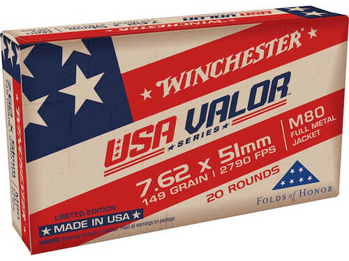 Winchester USA Valor Rifle Ammo 7.62x51mm 149 gr. FMJ 20 rd. Model: USAVM80X