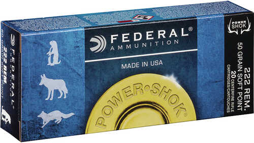 Federal Power-Shok Rifle Ammo 222 Rem 50 gr. Jacketed Soft Point 20 rd. Model: 222A