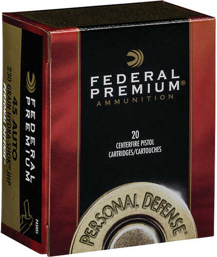 Federal Premium Personal Defense Pistol Ammo 45 ACP 230 gr. Hydra-Shok Jacketed HP 20 rd. Model: P45HS1