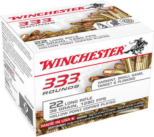 Winchester USA Pistol Ammo 22 LR 36 gr. Copper Plated HP 333 rd. Model: 22LR333HP