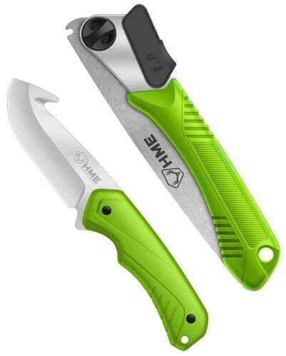 HME HMEKNFSFB Saw And Knife 420HC Stainless Steel Black Oxide Gut Hook/Saw Thermoplastic Rubber Green