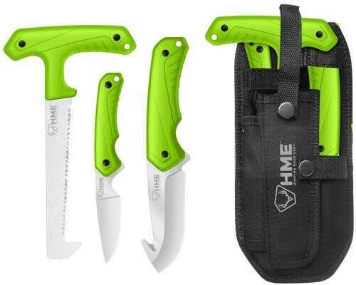 HME HMEKN3PFK 3-Piece Fixed Set 420HC Stainless Steel Black Oxide Skinner W/Gut Hook/Saw/Caper Thermoplastic Rubber Gree