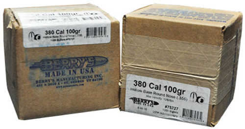 Berry's 380 Caliber .356 Diameter 100 Grain  Plated Hollow Base Round Nose 2000 Count