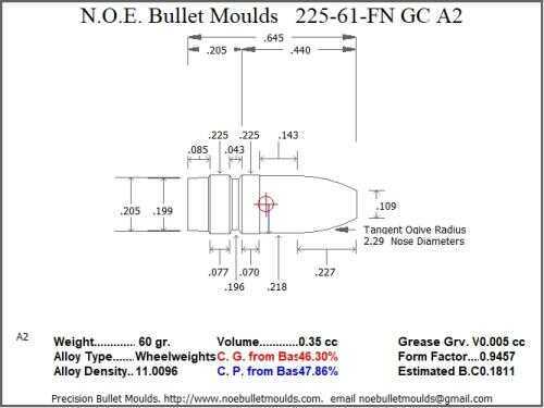 Bullet Mold 4 Cavity Aluminum .225 caliber Gas Check 61gr with Flat nose profile type. Designed for the 222 223