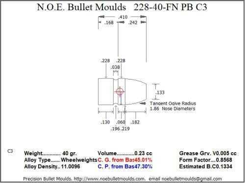 Bullet Mold 3 Cavity Aluminum .228 caliber Plain Base 40gr with Flat nose profile type. Designed for the 22 Hor