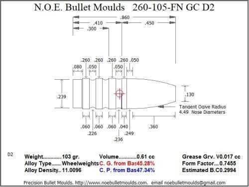 Bullet Mold 2 Cavity Aluminum .260 caliber GasCheck and Plain Base 105gr with Flat nose profile type. Designed