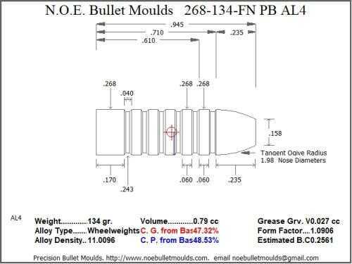 Bullet Mold 2 Cavity Brass .268 caliber Plain Base 134gr with a Flat nose profile type. Designed for use in 6.5