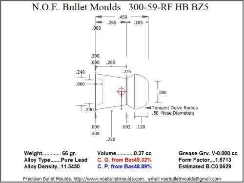 Bullet Mold 2 Cavity Aluminum .300 caliber Hollow Base 59gr with Round/Flat nose profile type. Designed for use