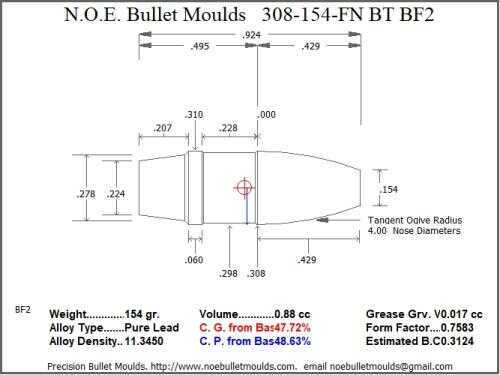 Bullet Mold 4 Cavity Brass .308 caliber Boat tail 154gr with a Flat nose profile type. Designed for use in 30-30