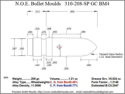 Bullet Mold 2 Cavity Aluminum .310 caliber GasCheck and Plain Base 208gr with Spire point profile type. Designe