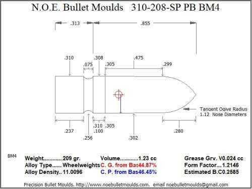 Bullet Mold 2 Cavity Aluminum .310 caliber Plain Base 208gr with Spire point profile type. Designed for use in