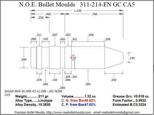 Bullet Mold 4 Cavity Aluminum .311 caliber Gas Check 214gr with Flat nose profile type. Designed as target