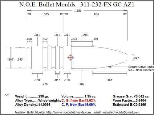 Bullet Mold 5 Cavity Aluminum .311 caliber Gas Check 232gr with Flat nose profile type. Designed for use in 300