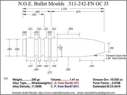 Bullet Mold 2 Cavity Aluminum .311 caliber Gas Check 242gr bullet with a Flat nose profile type. Designed for use in 300