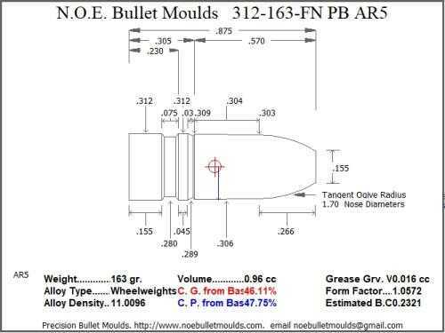 Bullet Mold 2 Cavity Aluminum .312 caliber Plain Base 163gr bullet with a Flat nose profile type. Designed for use in 30