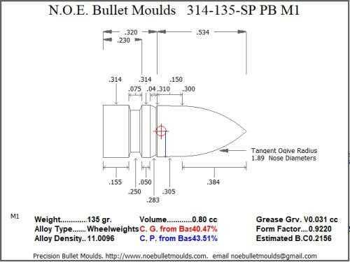 Bullet Mold 4 Cavity Brass .314 caliber Plain Base 135gr with a Spire point profile type. Designed for use in 7.6