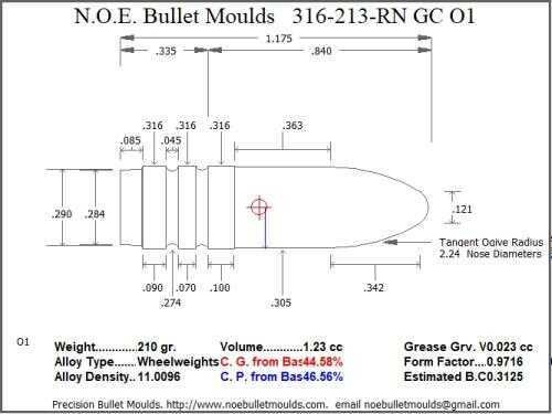 Bullet Mold 5 Cavity Aluminum .316 caliber Gas Check 213gr with Round Nose profile type. Designed for use in 30