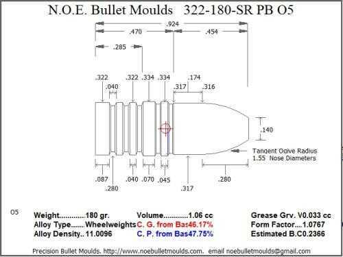 Bullet Mold 4 Cavity Aluminum .322 caliber Plain Base 180gr with Stop Ring profile type. design for u