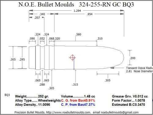 Bullet Mold 2 Cavity Aluminum .324 caliber GasCheck and Plain Base 255gr bullet with a Round Nose profile type. designed