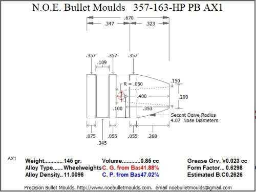 Bullet Mold 2 Cavity Aluminum .357 caliber Plain Base 163gr with Flat nose profile type. 357 Bulldog hollowpoin