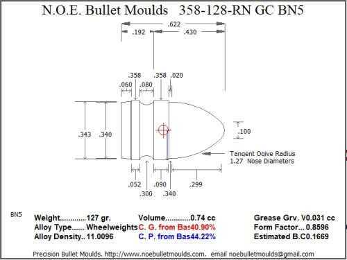 Bullet Mold 2 Cavity Aluminum .358 caliber Gas Check 128gr bullet with a Round Nose profile type. The classic Round nose