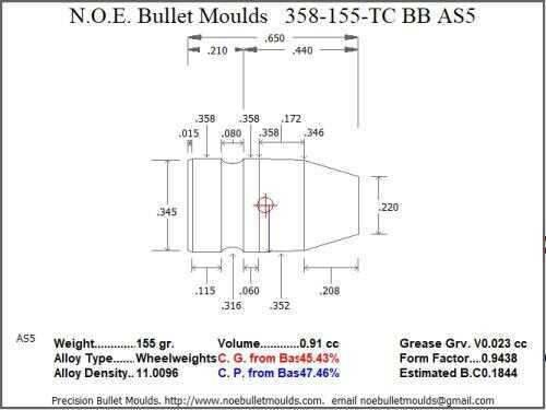 Bullet Mold 5 Cavity Aluminum .358 caliber Bevel Base 155gr with Truncated Cone profile type. heavy