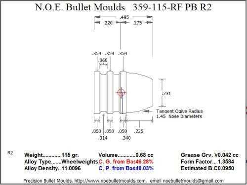 Bullet Mold 4 Cavity Aluminum .359 caliber Plain Base 115gr bullet with a Round/Flat nose profile type. The classic Thom