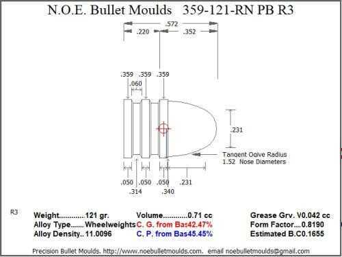 Bullet Mold 2 Cavity Aluminum .359 caliber Plain Base 121gr with Round Nose profile type. The classic 359242 st