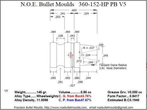 Bullet Mold 2 Cavity Aluminum .360 caliber Plain Base 152gr bullet with a Semiwadcutter profile type. An all time classi