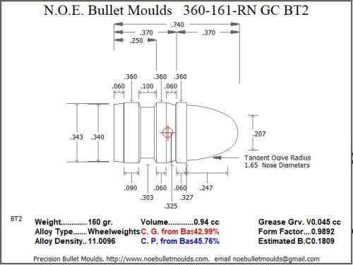 Bullet Mold 4 Cavity Aluminum .360 caliber GasCheck and Plain Base 161gr bullet with a Round Nose profile type. The Clas
