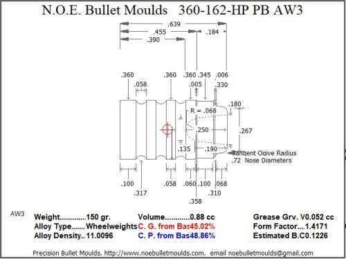 Bullet Mold 4 Cavity Aluminum .360 caliber Plain Base 162gr bullet with a Wadcutter profile type. A heavier Wadcutter de