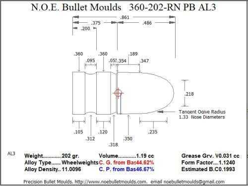 Bullet Mold 4 Cavity Brass .360 caliber Plain Base 202gr with a Round Nose profile type. This is designed