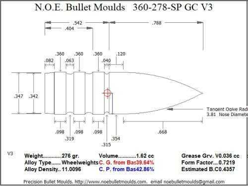 Bullet Mold 4 Cavity Aluminum .360 caliber Gas Check 278gr with Spire point profile type. Designed for the 358