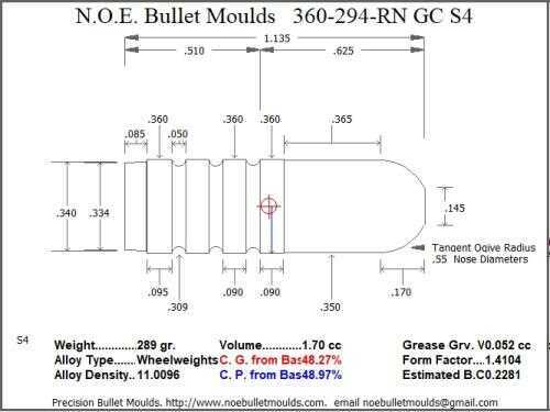 Bullet Mold 4 Cavity Aluminum .360 caliber Gas Check 294gr with Round Nose profile type. Designed for the 358